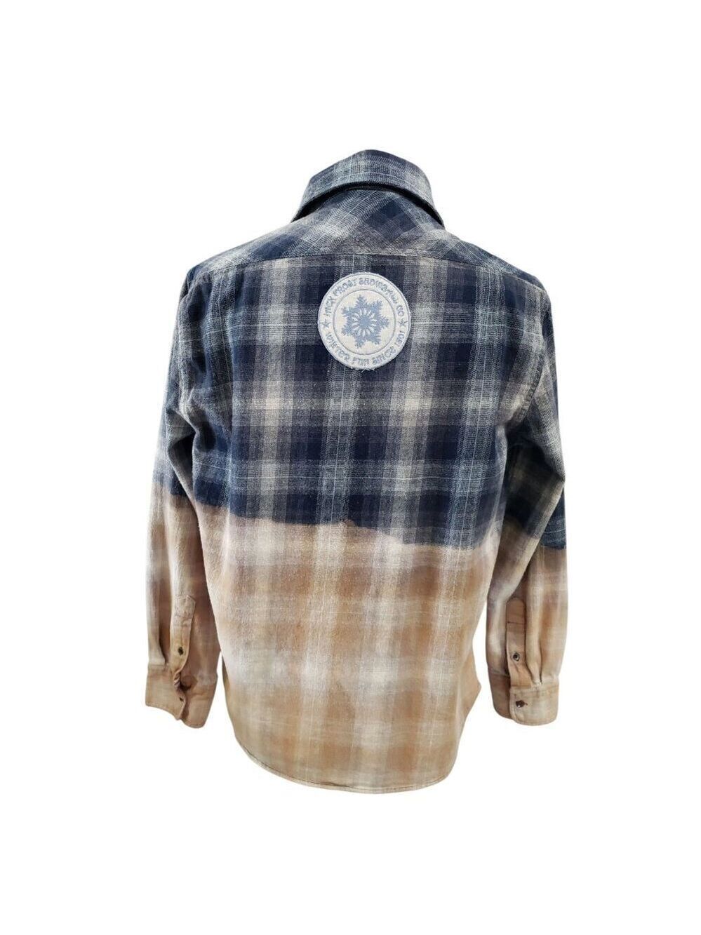Womens Upcycled Distressed Flannel with "Jack Frost" Embroidered Patch Medium